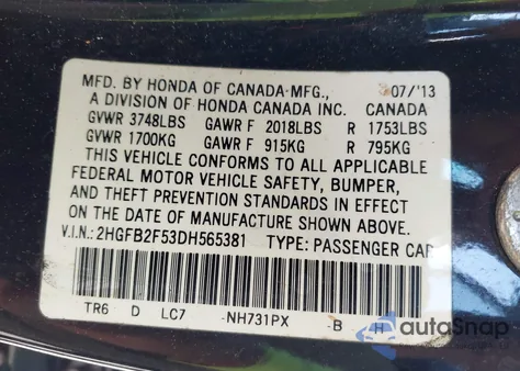 2013 Honda Civic Lx из США, поврежденный, VIN 2HGFB2F53DH565381